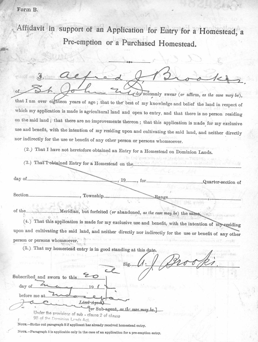 Form B Application for Entry to Canada and for a Homestead in Lafleche Saskatchewan - Alfred  Brooks